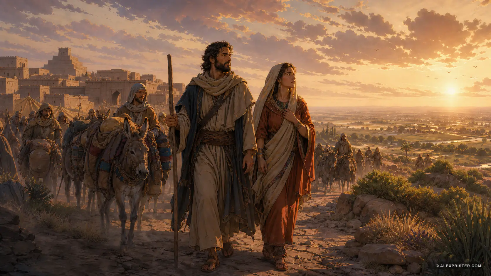 Original cinematic illustration of an ancient household preparing a caravan journey at dawn