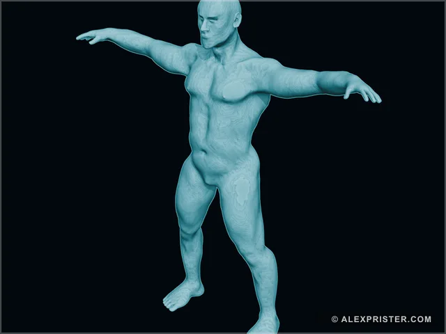 Neutral cyan clay render of Alex Prister's self-portrait head and body sculpt