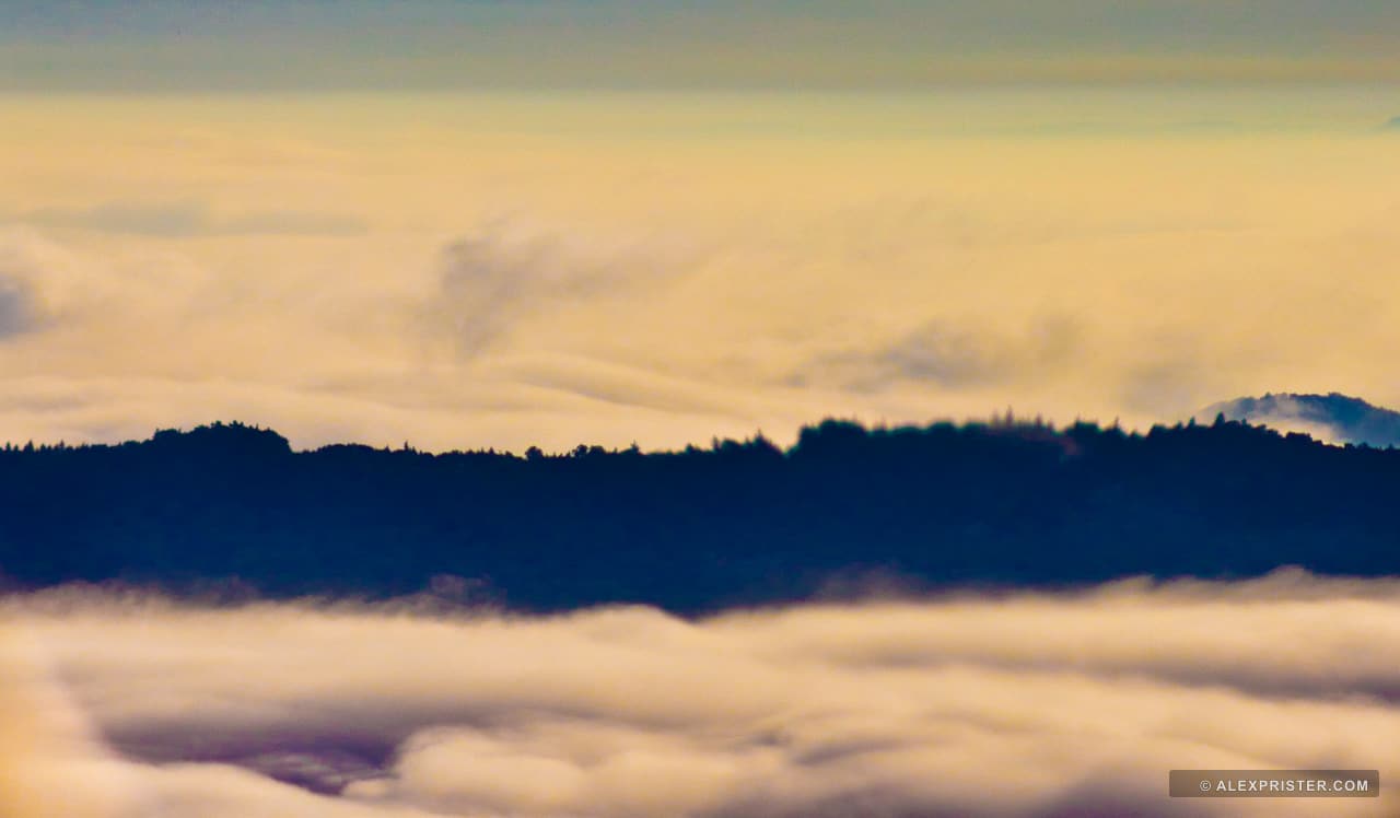 A dark mountain ridge floating above a low white sea of clouds
